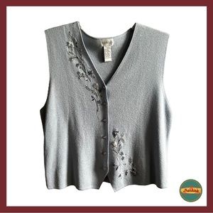 Koret - Blue Button Down Vest Size Med Has Flower Embellishments and Embroidery